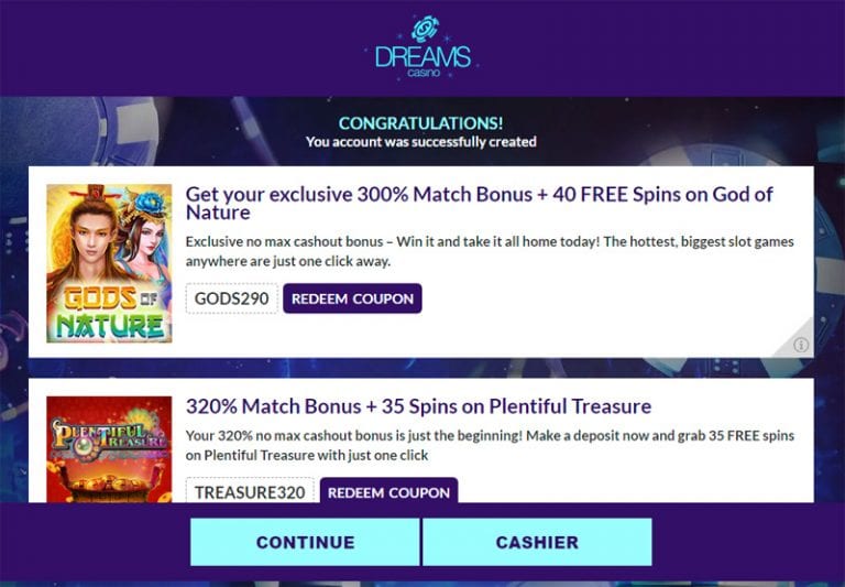 dreams casino free bonus codes